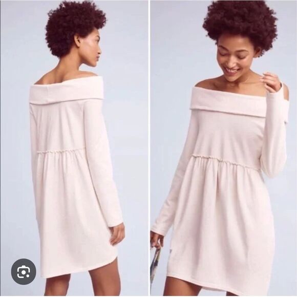 Saturday Sunday Anthropologie Cream Long Sleeve Off the Shoulder Dress Medium - Picture 1 of 12